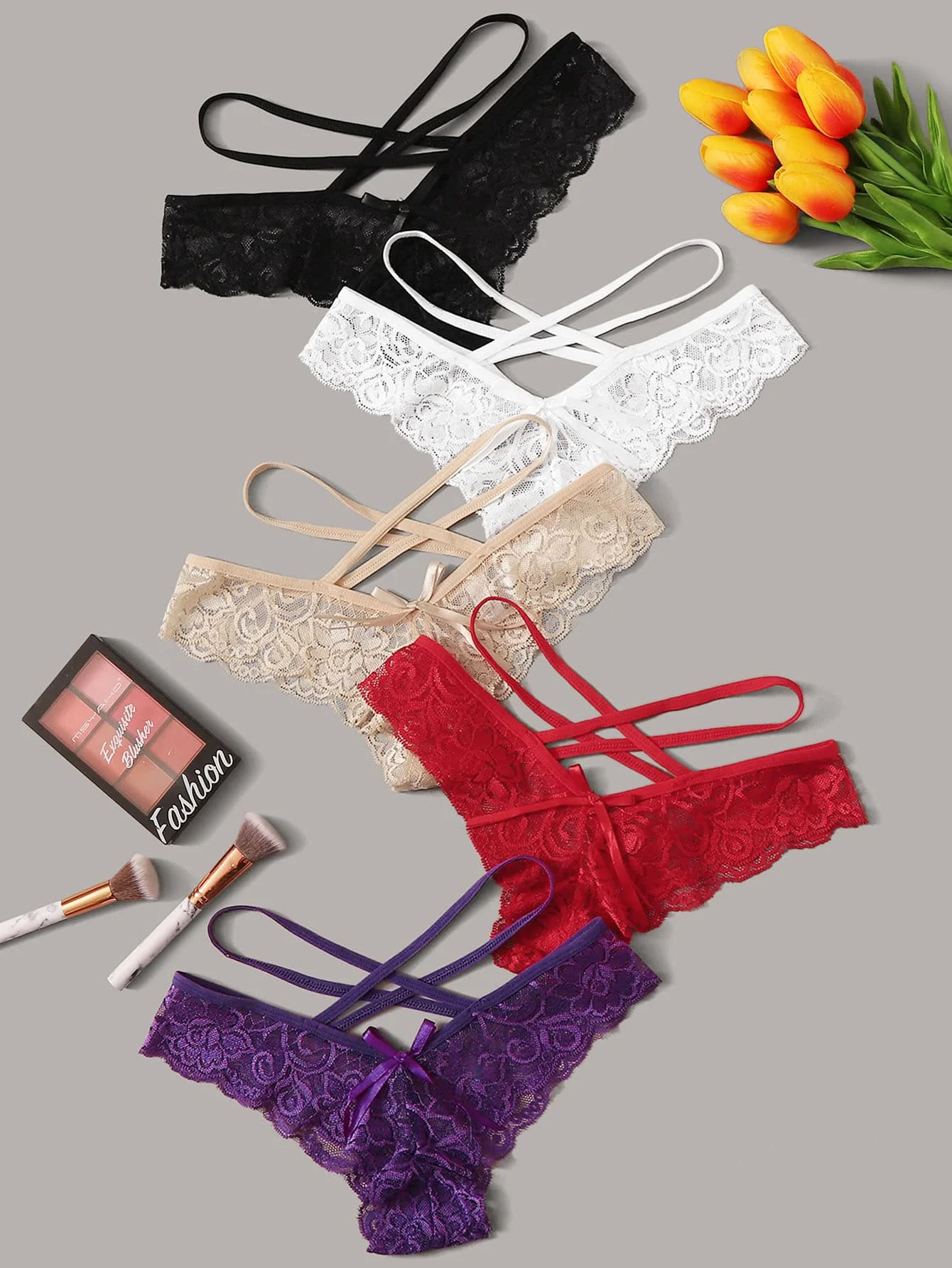 

5-Pack Floral Lace Cross-Back Panties Set for Women