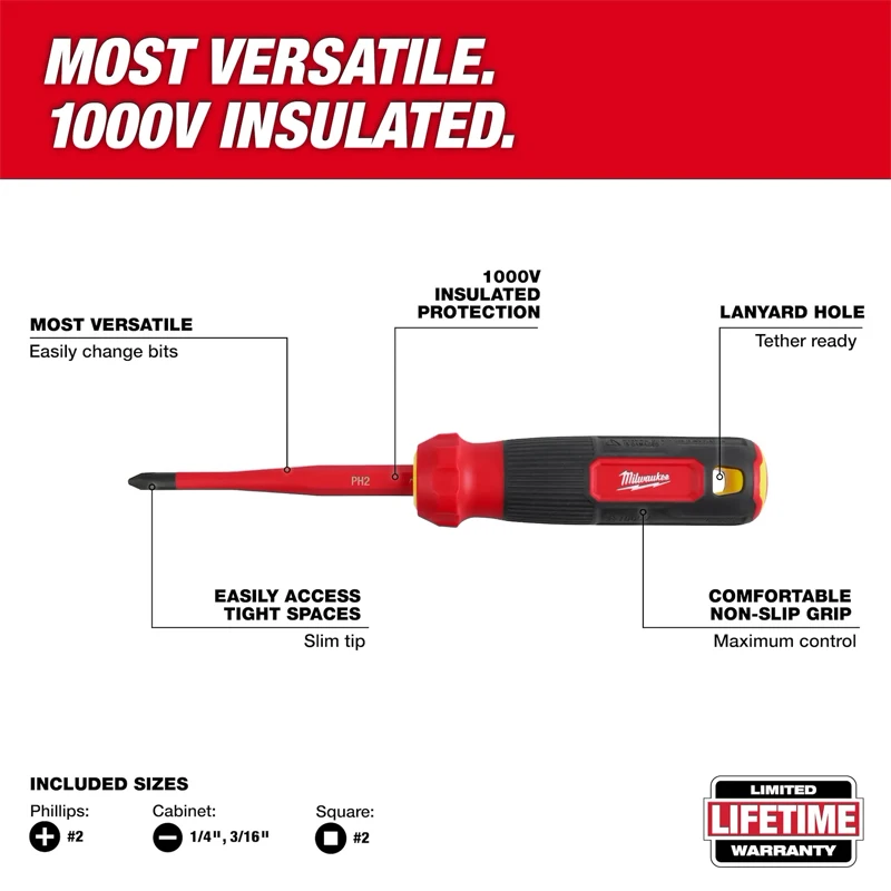 Milwaukee 4-in-1 1000V Insulated Replaceable Thin Tip Screwdriver, Multi Drill Screwdriver Set, Manual Tool 48-22-2216
