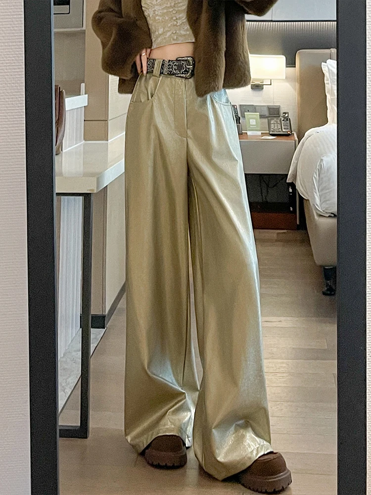 Calças Casuais de Couro PU de Cintura Alta e Drapeado para Mulheres, Cor Dourada, Calças Largas e Soltas para o Outono
