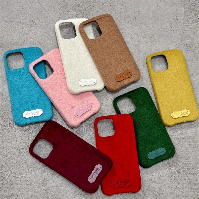 

Colorful Fluffy Phone Case For iPhone 16 Pro 13 15 14 Pro Max Cover Korean Cute Plush Fabric Protective Cases For Apple 15 Coque