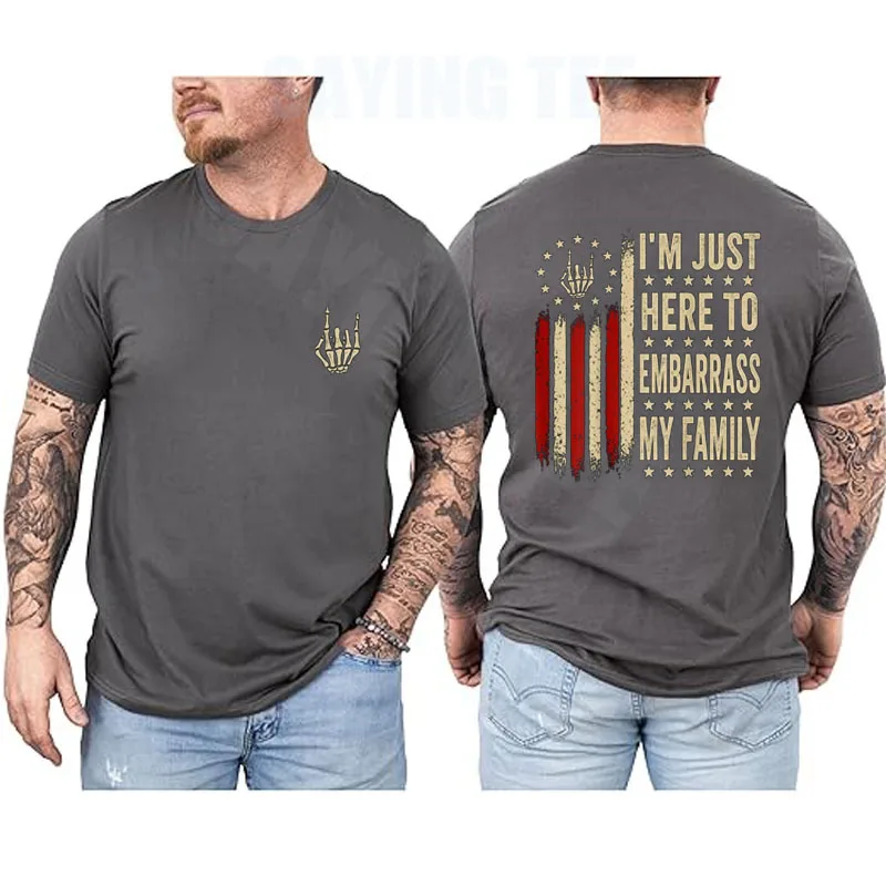 Ich bin nur hier, um meine Familie zu schmeicheln. Sarkastisches T-Shirt, Y2k-Flagge der USA, Skelett, Halloween-Kostüm, weiche Baumwolle, kurzärmelige Kleidung – Detail 7
