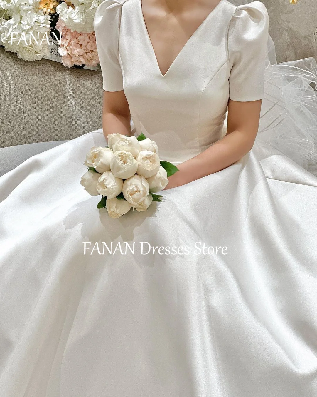 

FANAN V-Neck Korea A-Line Wedding Dresses Short Sleeves 웨딩드레스 Ivory Simple Elegant Satin Custom Made Bride Gowns Plus Size