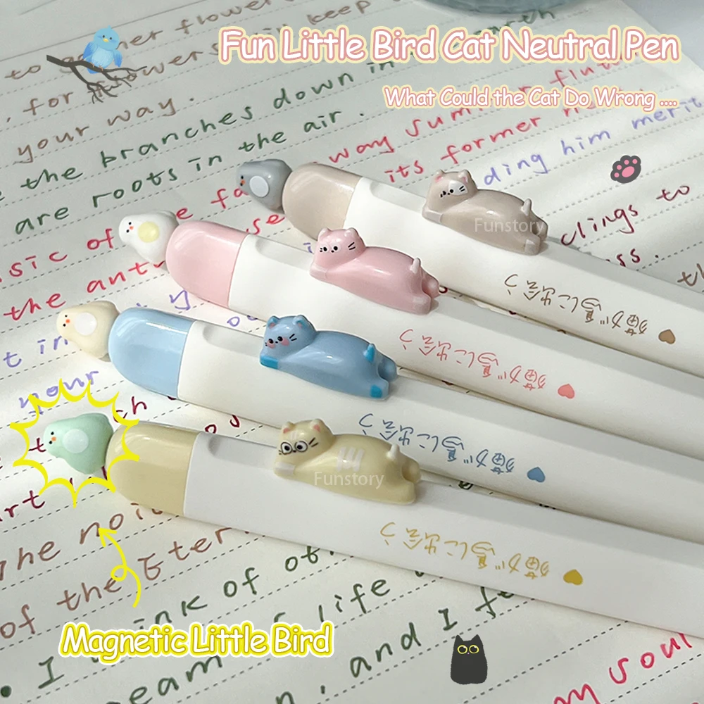 4 Pcs/Set Fun Magnet Cat And Bird Design Gel Pens 0.5mm Cute Cartoon Quick-Dry Study & Office Specialized Pen