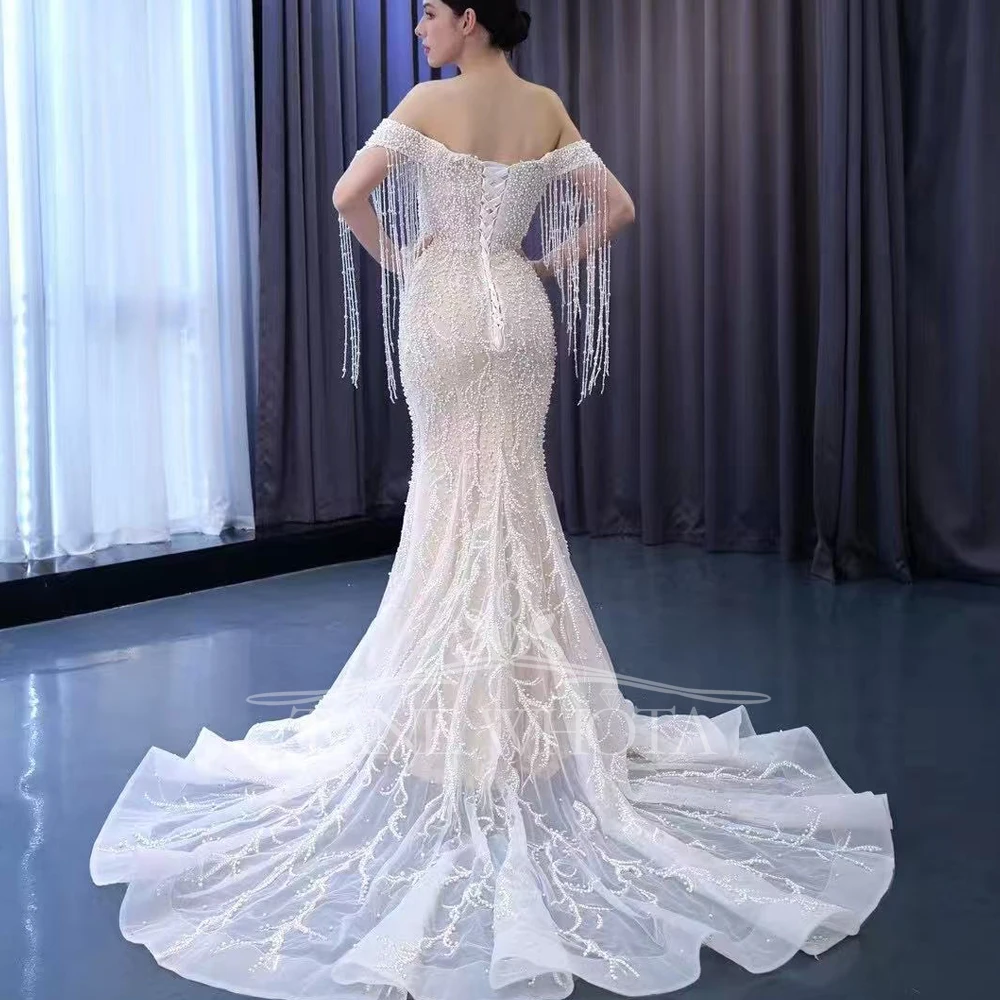 Sukienka Na Wesele Sweetheart Off Shoulder Lace Up Back Beading Tassel Bridal Dress Mermaid Train Customized Wedding Dress