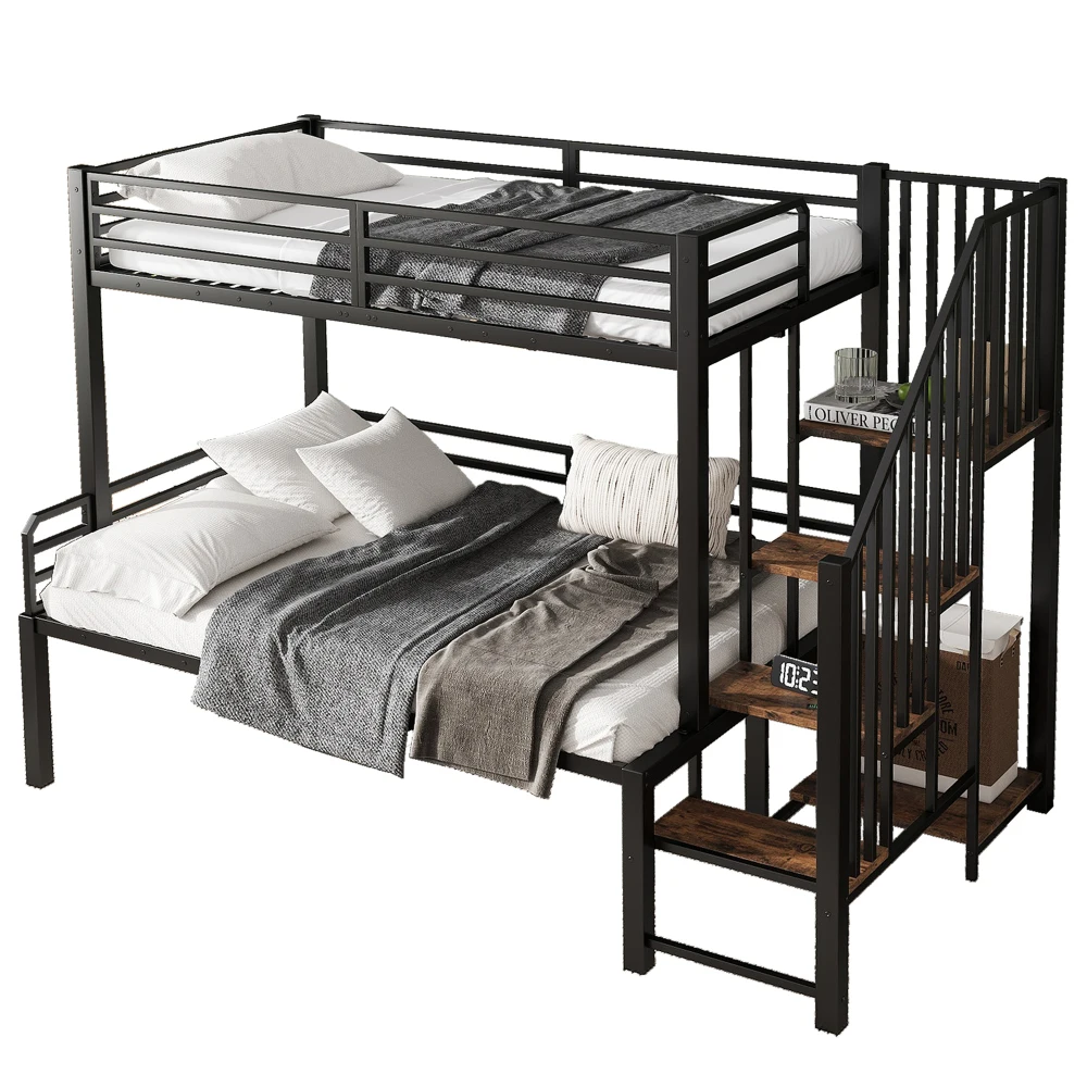 PINGGO Eisen-Etagenbett für Kinder und Jugendliche mit Stauraum-Eckschrank, Eisen & MDF, Schwarz Vintage-Holz, 90x200cm 120x200cm, ohne Matratze – Detail 12