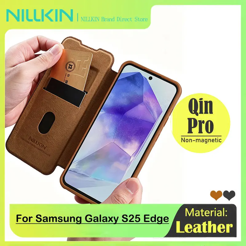 NILLKIN Qin Leather Case for Samsung Galaxy S25 Edge, Genuine Leather Flip Cover, Privacy Lens Slide & Card Slot, Ultra Slim Fit