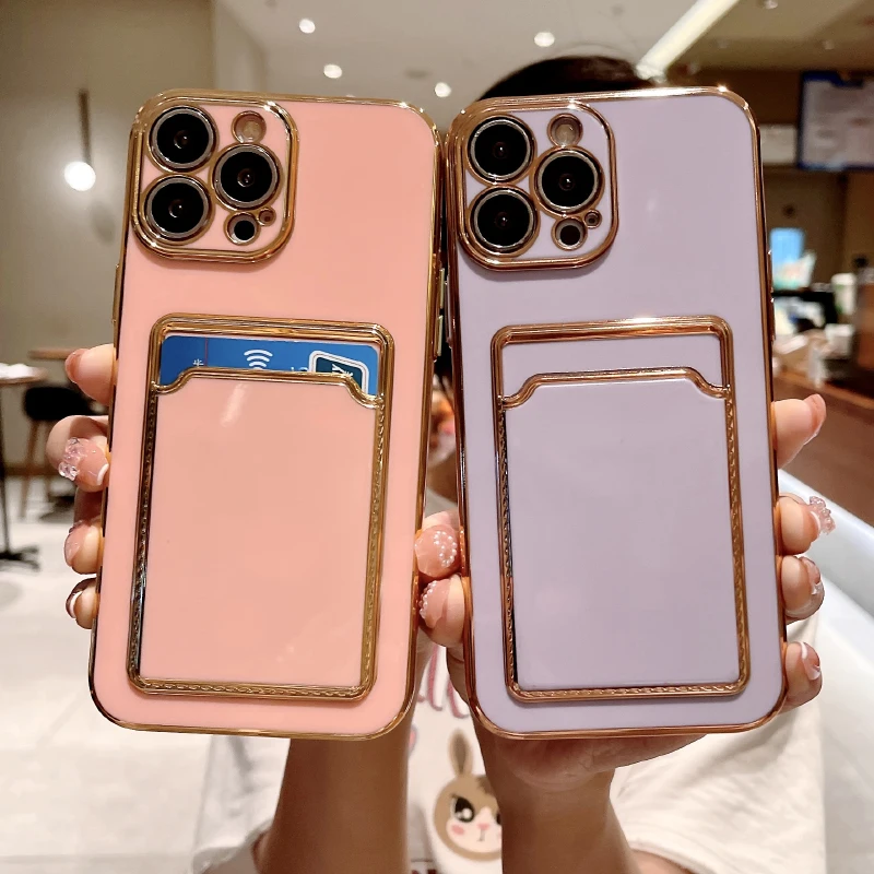 Luxo cor sólida banhado carteira slot para cartão macio tpu caso de telefone para iphone 16 pro max 14 11 12 13 15 pro max pára-choques capa traseira