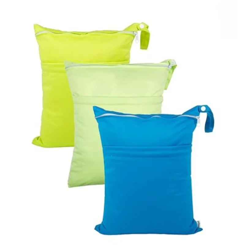 

Wet Dry Bags 3 Pack for Baby Cloth Diapers, Washable Travel Bags, Beach, Pool, Gym Bag for Swimsuits & Wet Clothes with 2 Pocket