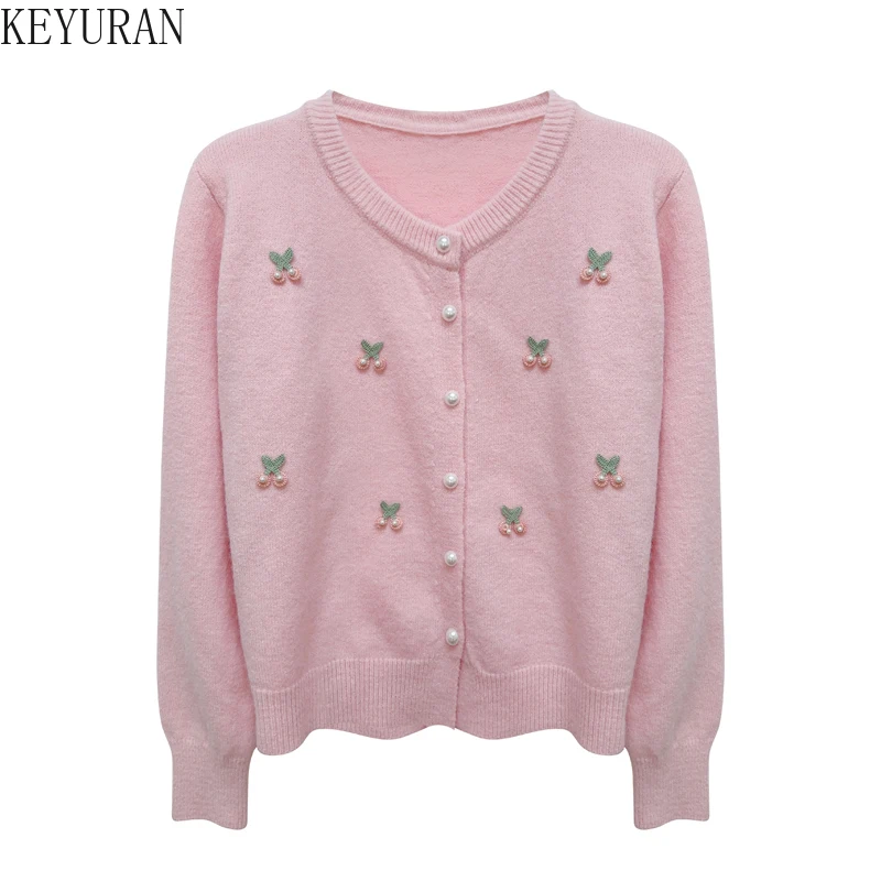 Sweet Embroidery Cherry Pearls Beading Women\'s Sweater Coat Autumn Winter Vintage O-Neck Long Sleeve Knitted Cardigan Mujer Tops