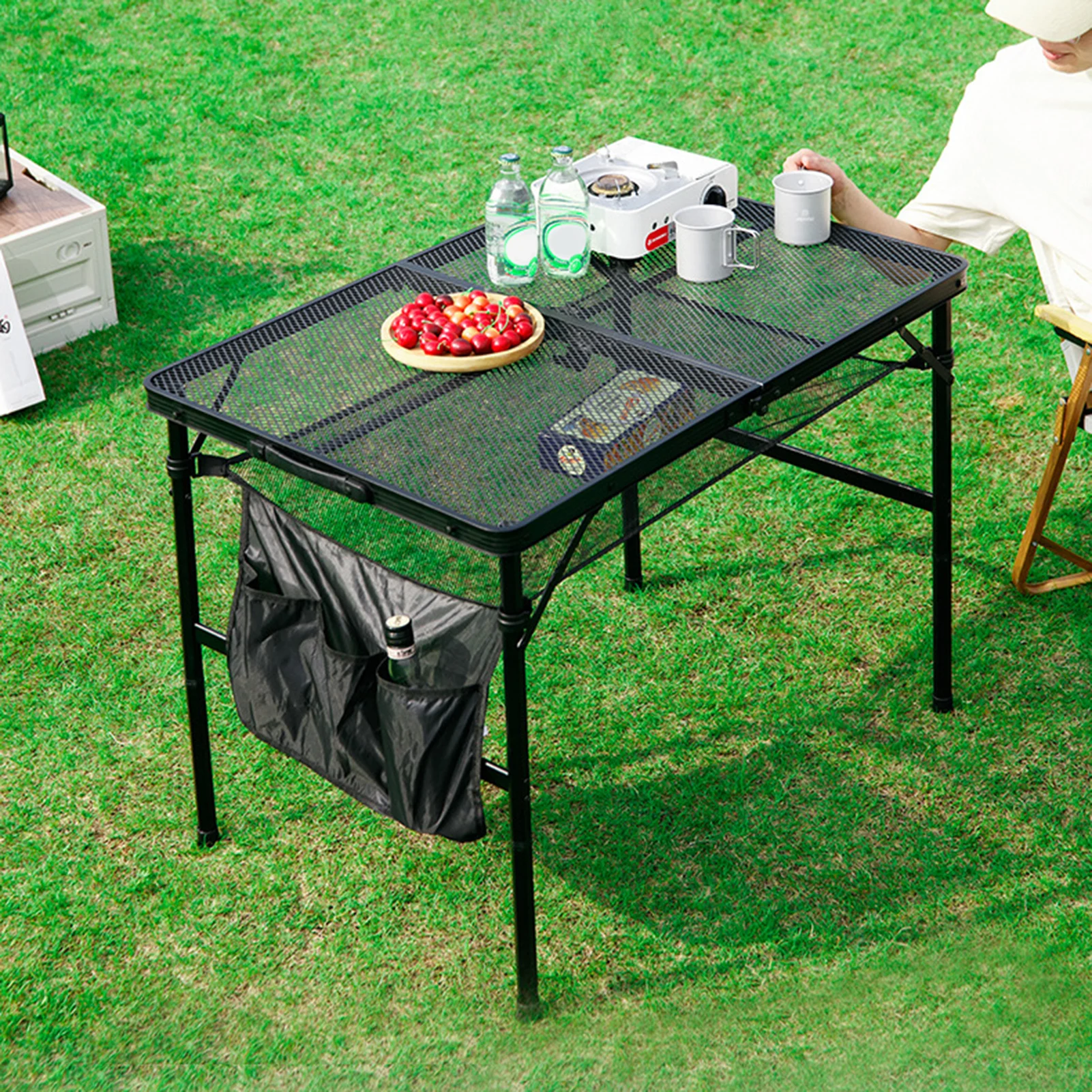 1 Set Outdoor Folding Table with Mesh Layer Side Pocket Lightweight Aluminum Alloy Height Adjustable Camping Hiking Picnic BBQ