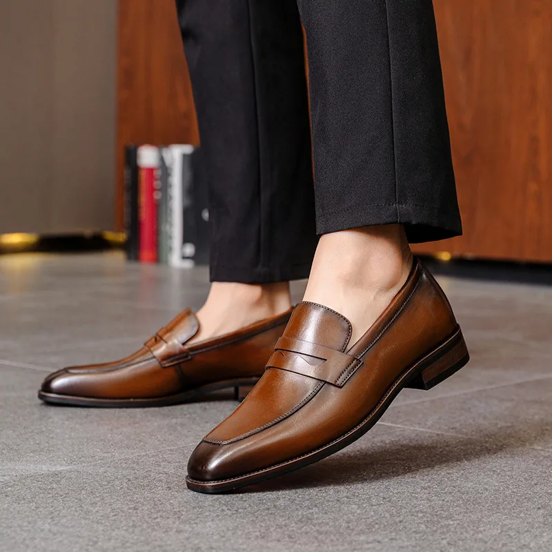 Handmade Genuine Leather Men Formal Business Shoes Slip On Mens Penny Moccasins Loafers Pointed Toe Wedding Men Shoes