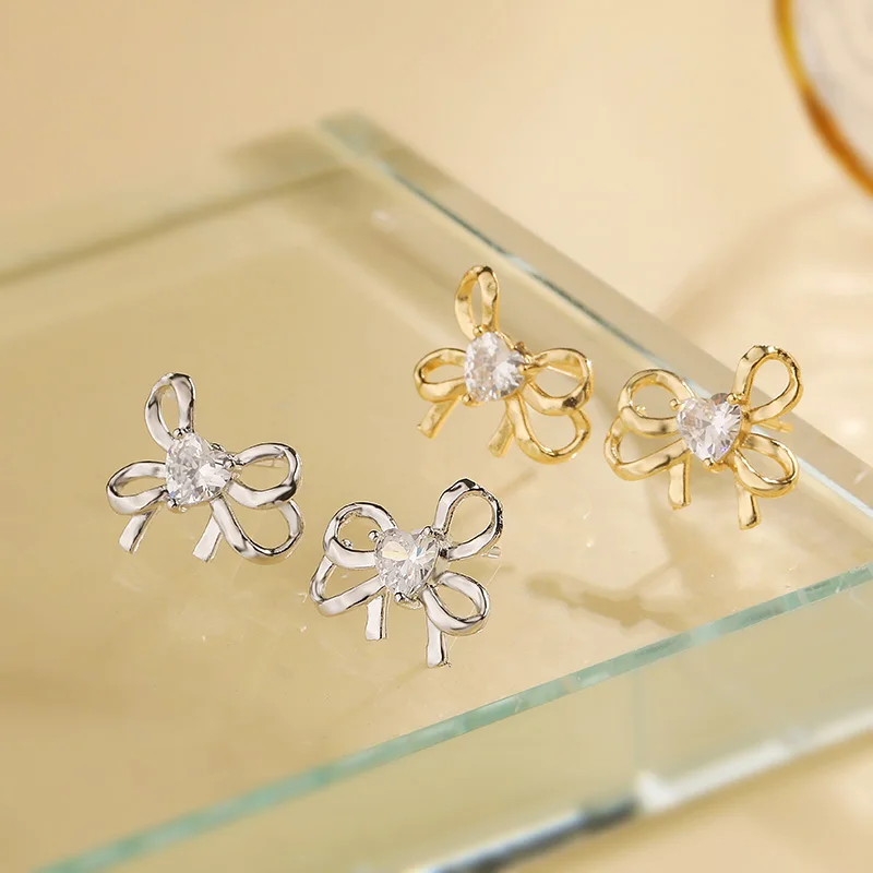 HECHENG, Exquisite and Sweet Butterfly Knot Heart Set CZ Stone Sparkling Women's Jewelry Earrings 1 Pair of Two Colors to Choose