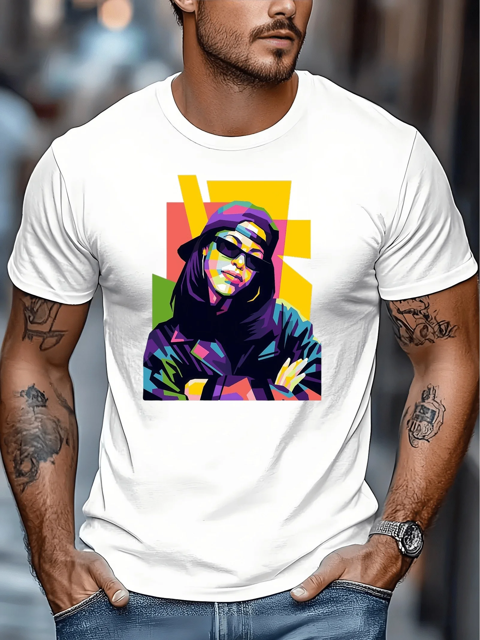 Men'S Casual Outdoor Round-Neck Short-Sleeve T-Shirt, Anime-Style Tee, Fashionable Design with Pop Art, Depicting Aliyah, Celebrating R&B Idol, Featuring WPAP Portrait. Ideal for Daily Wear, Holidays, Parties, And Gifting