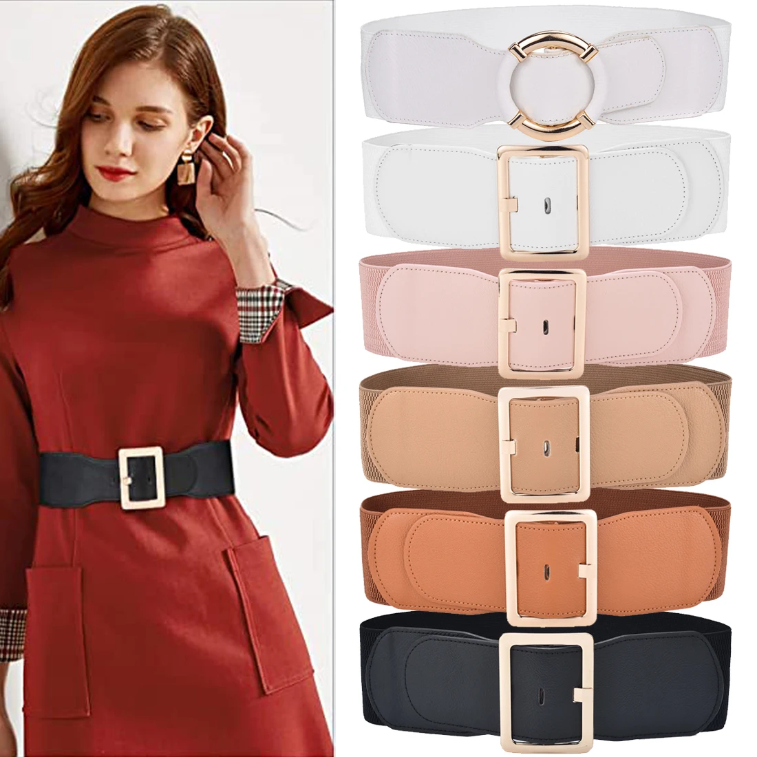 Beltox Women Dress Waist Belt Stretchy Elastic Vintage Belts for Dress Metal Buckle