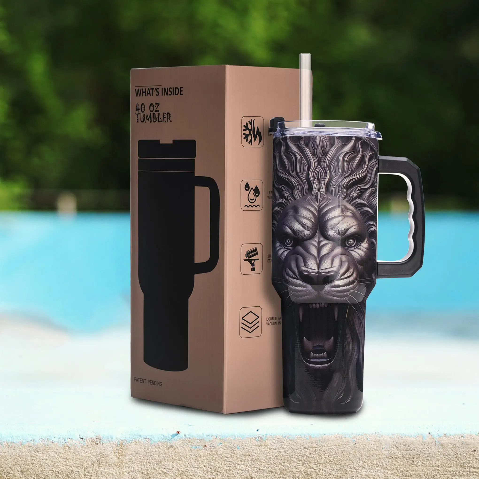 

40oz 3D Printed Stainless Steel Tumbler with Lion Head Design Vacuum Insulated Mug with Leakproof Lid for Men Gift