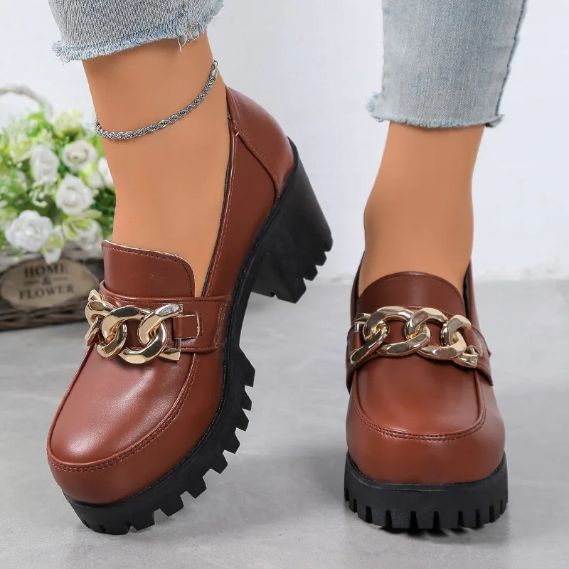 Metallkette, quadratischer Absatz, einzelne Schuhe, Herbst, neue runde Zehen, tiefer Mund, Plattform, rutschfeste High Heels