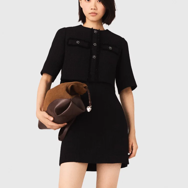 

MaSandeM Spring 2026 Women's Faion Bla Two-in-One Knitted Tweed ort Dr French Sle High Waist A-Line Skirt Dr