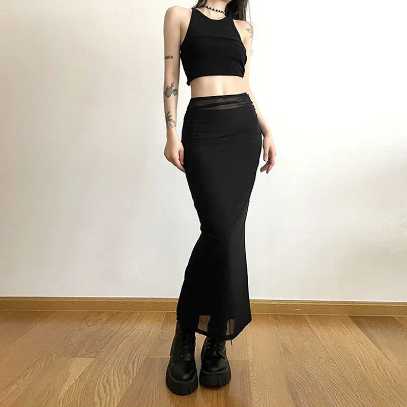 MEXZT Y2K Black Long Skirts Women Harajuku Sexy Mesh Patchwork Wrap Skirt Summer Gothic Korean High Waist Slim A Line Faldas New