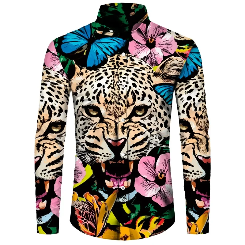 Stylish Men\'s Shirt Leopard 3D Print Turn-down Collar Button Long Sleeve Tops Vintage Men Women Streetwear Clothes Tees Shirts