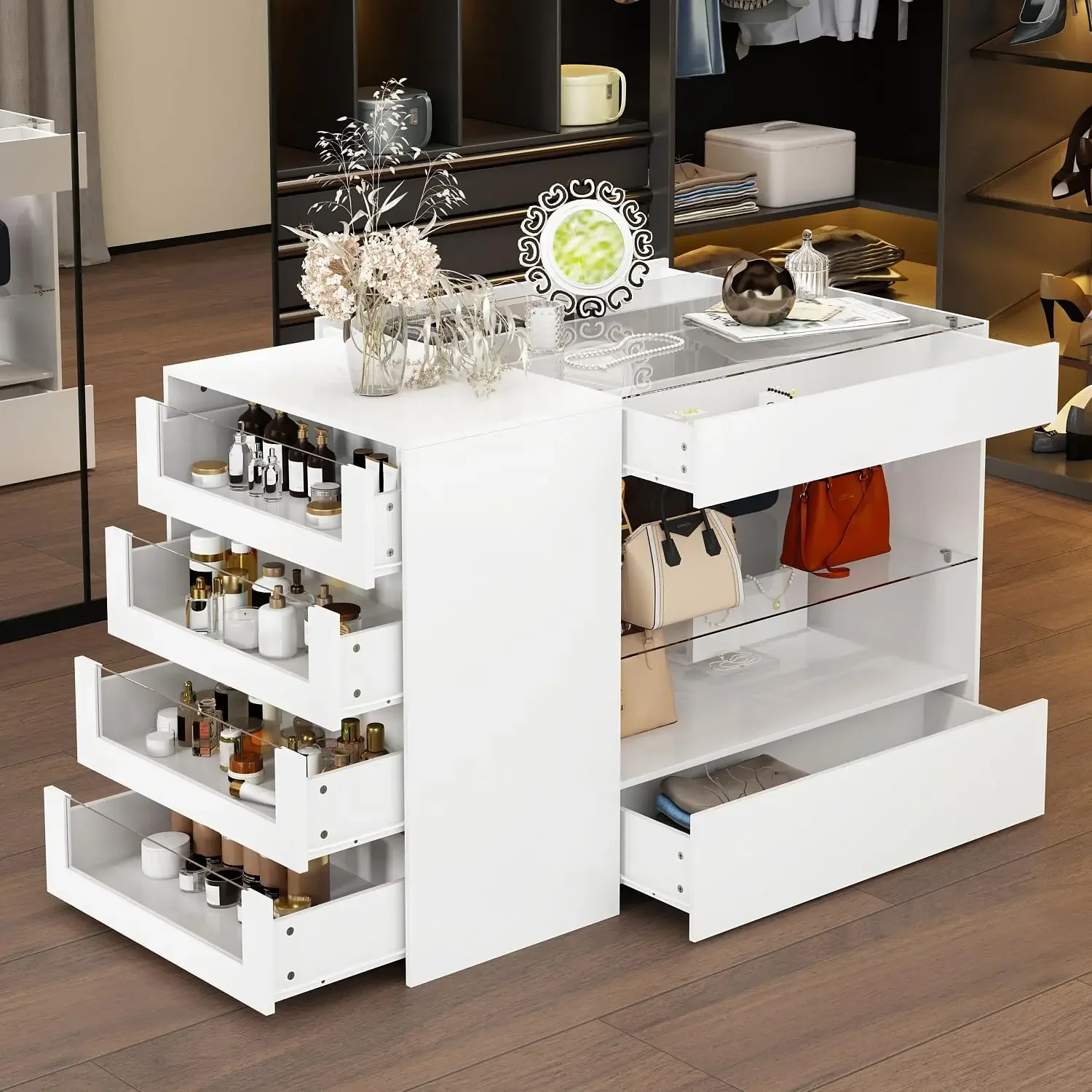 Glass Display Cabinet Closet Island, Glass Top Storage Cabinet for Retail, Collectibles Showcase with 8 Drawers, Walk in Display