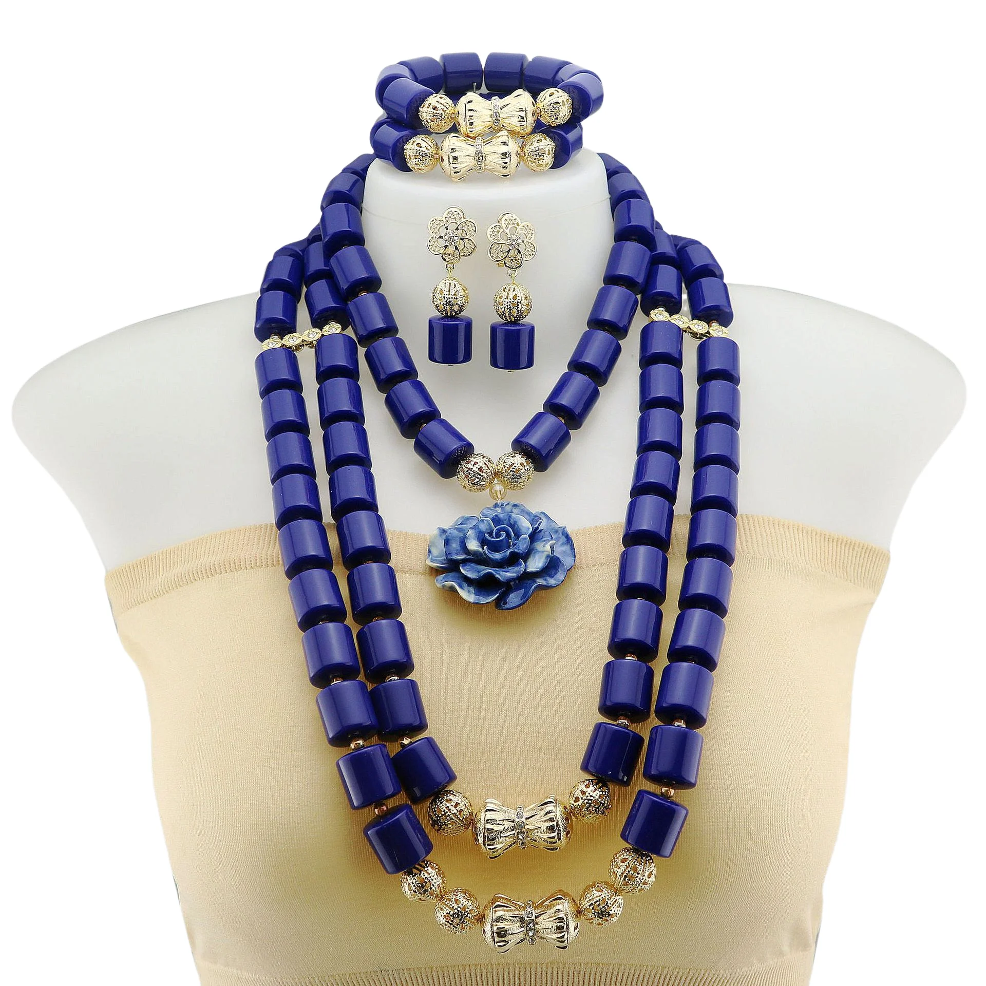 

Модный африканский нигерийский комплект украшений из полимерных бусин: ожерелье, серьги, браслет. Синее ожерелье из полимерной смолы для женщин, подарок на вечеринку, аксессуар.