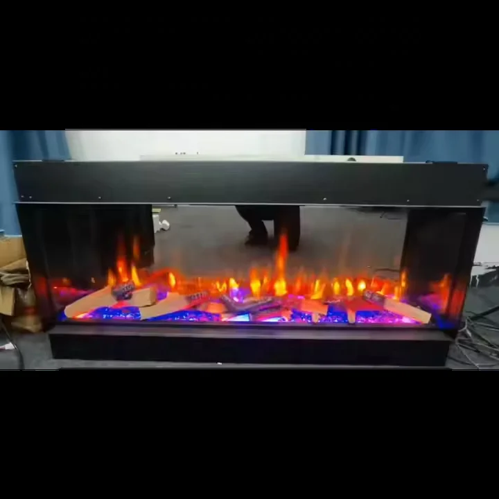 Modern Freestanding 3D Electric Fireplace Burning Wood Sound Newly Designed Three-Sided LED Insert Remote Control for Hotel