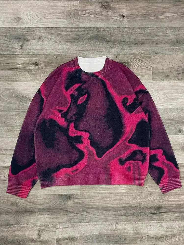 Fashion Street Tie Dyed O Neck Sweater for Male Oversize Long Sleeve Knitted Pullover 2024 Autumn Y2k Harajuku Cashmere Jumper