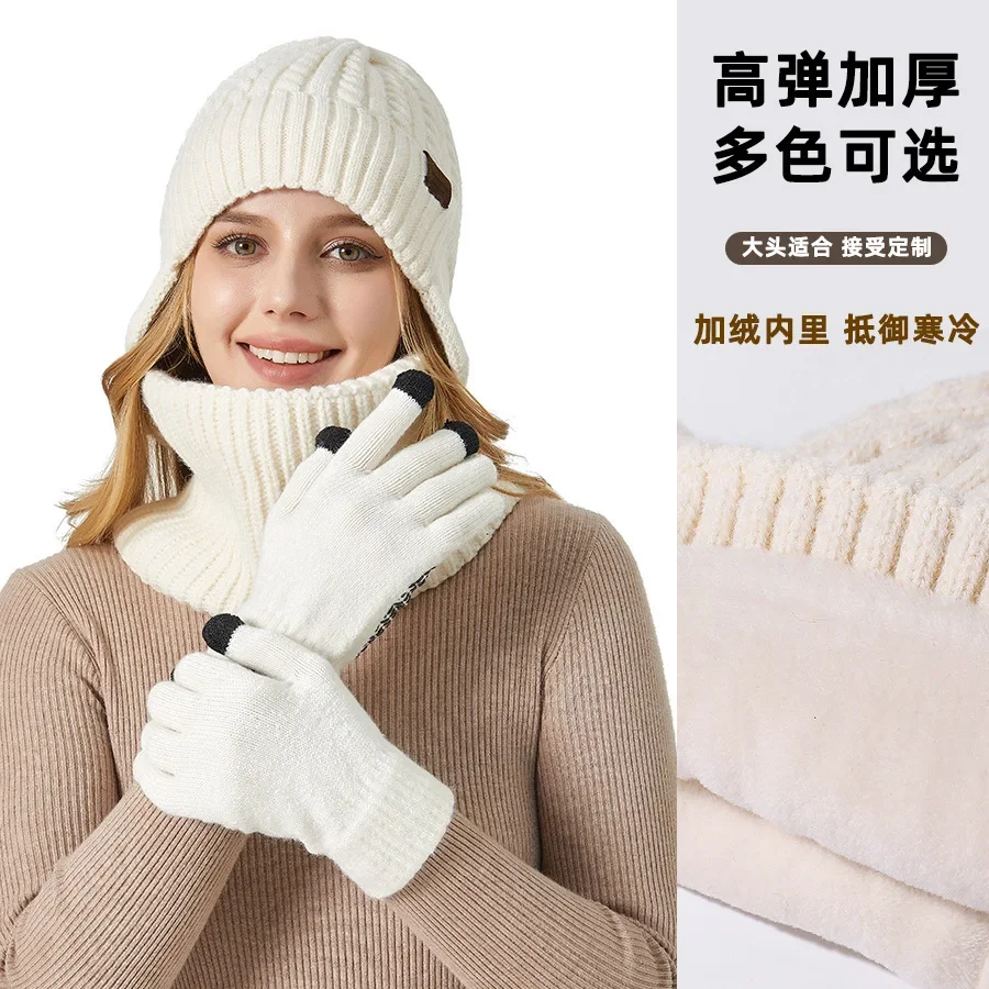 3-in-1 Winter Hat Scarf Gloves Set Men Fleece Lined Beanie with Ear Flaps Touchscreen Gloves Warm Knitted Outdoor Women Caps