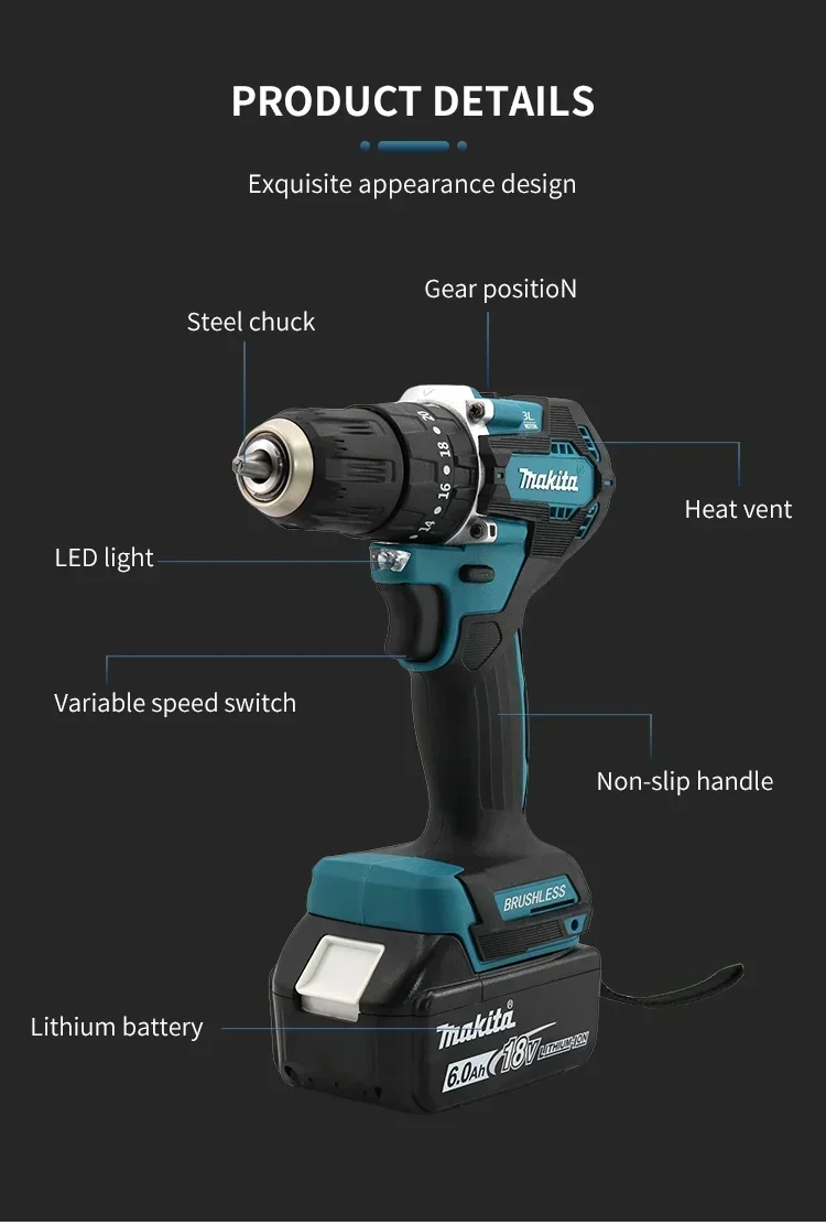 

Makita original DDF487 DTW700 electric impact wrench 1000 N.m high torque 1/2 inch compatible 18V Makita BL1850 battery.