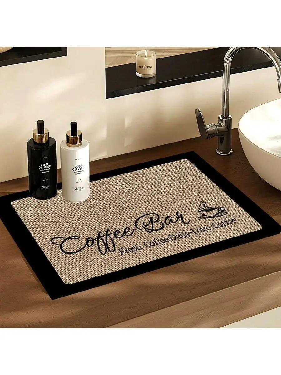 Linen-Like Coffee Bar Mat With Print, Anti-Slip Absorbent Countertop Mat For Kitchen Restaurant