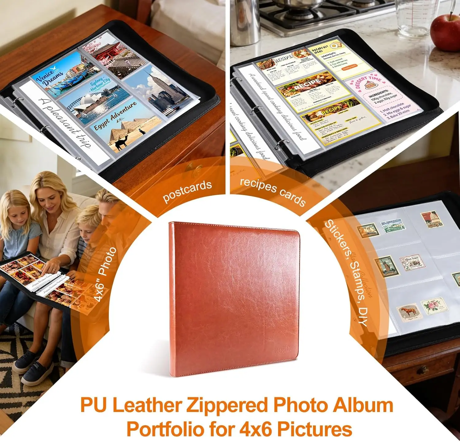 4x6 Photo Album for 3-Ring Binder – Zippered Leather Picture Albums Kit with 20 Page Protectors, Holds 200 Mixed Layout