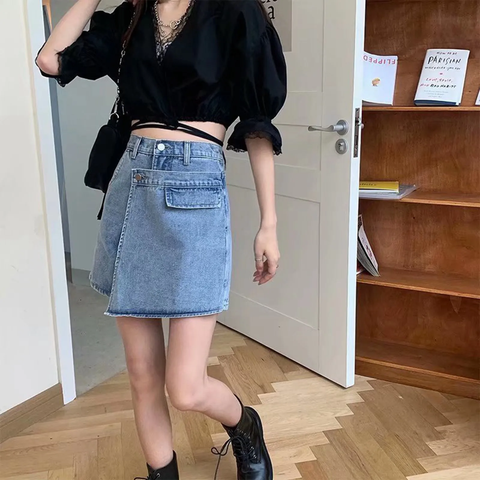 

Korean A Line Sexy Hotsweet Jean Y2k Skirt For Women Women's Summer Denim Skirt Wrap Slit Irregularly High Waist Maxi Skirt