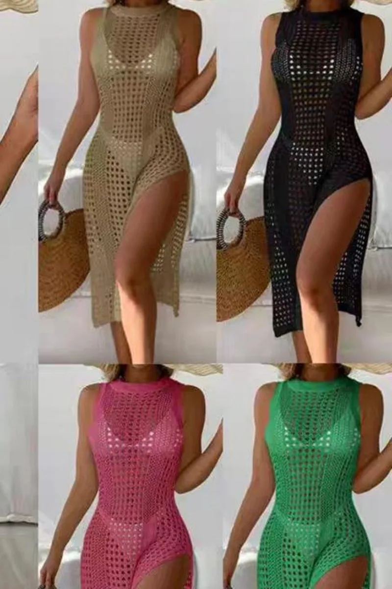 Women Summer Sexy Hollow Out Knitted Beach Cover Up Double Side Slits Dress Females Beachwear Round Neck Sleeveless Clothes