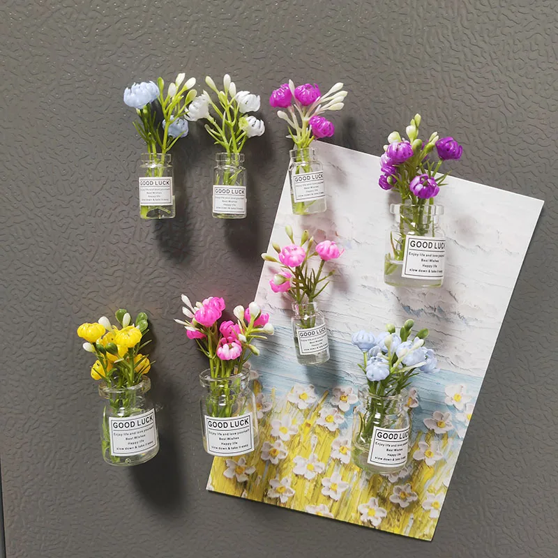 8pcs Mini Glass Bottle Flower Vases Fridge Magnets Big Small Sizes for Refrigerator Decoration Home Kitchen DIY Ornaments