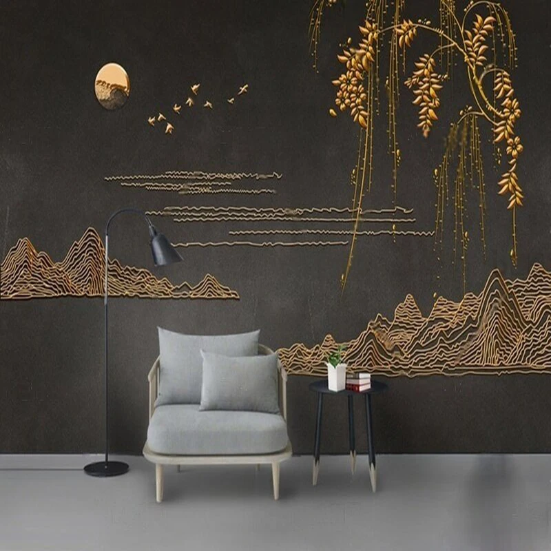 Modern and simple golden line landscape TV luxurious home decoration background wall