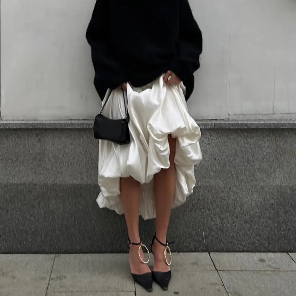 Sweet Maxi Skirt Solid Color Satin  Style Long Skirt Balloon Skirt Spring and Summer Women's High Waist Pleated Long Skirts