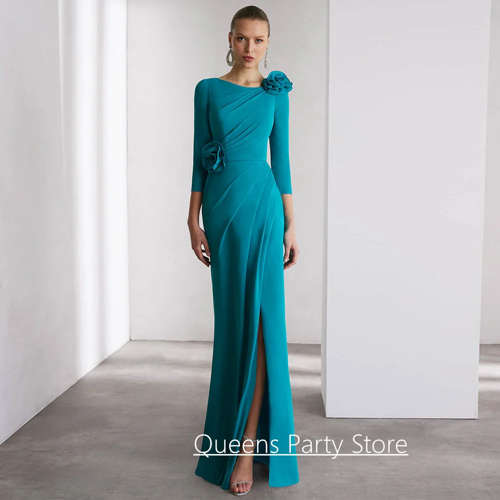 2026 Mother of The Bride Dress Customized 3/4 Sleeves Pleat Handmade Flowers Slit Sweep Train Mermaid Wedding Guest Gown