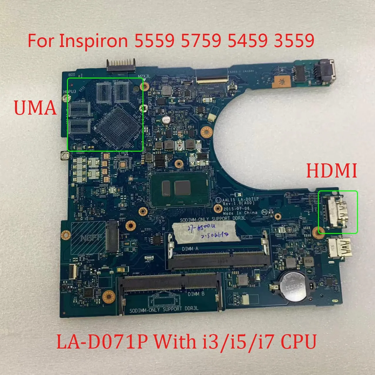 

AAL15 LA-D071P Working Motherboard w/ I3 I5 I7 CPU For Dell Inspiron 3559 5459 5759 5559