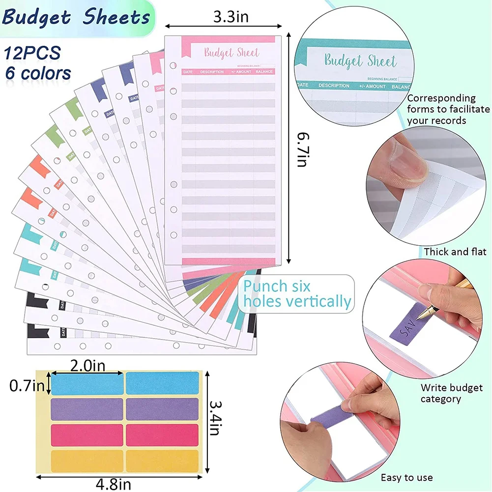 38ชิ้นอุปกรณ์จัดระเบียบงบประมาณระบบซองจดหมายเงินสดสติกเกอร์ตัวอักษรแผ่นงบประมาณกระเป๋าพีวีซี A6สำหรับนักวางแผนเงินสีม่วง