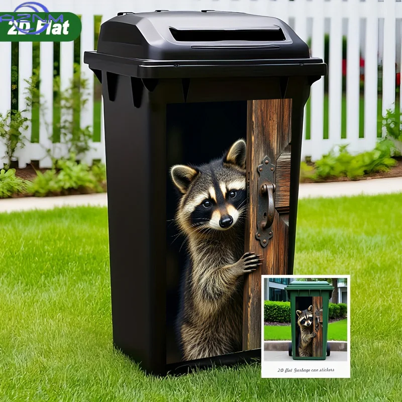 Trash Can Sticker Raccoon Peeking Door Rustic Design, Wall Decal Self-Adhesive Wallpaper for Kitchen Trash Can Decoration, Sui