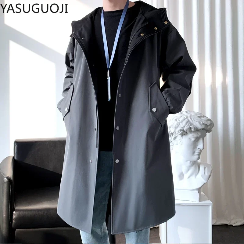 

New 2025 Autumn Korean Fashion Trench Coat Men Casual Oxford Loose Long Jackets with Hooded Knee Length Windbreaker For Men