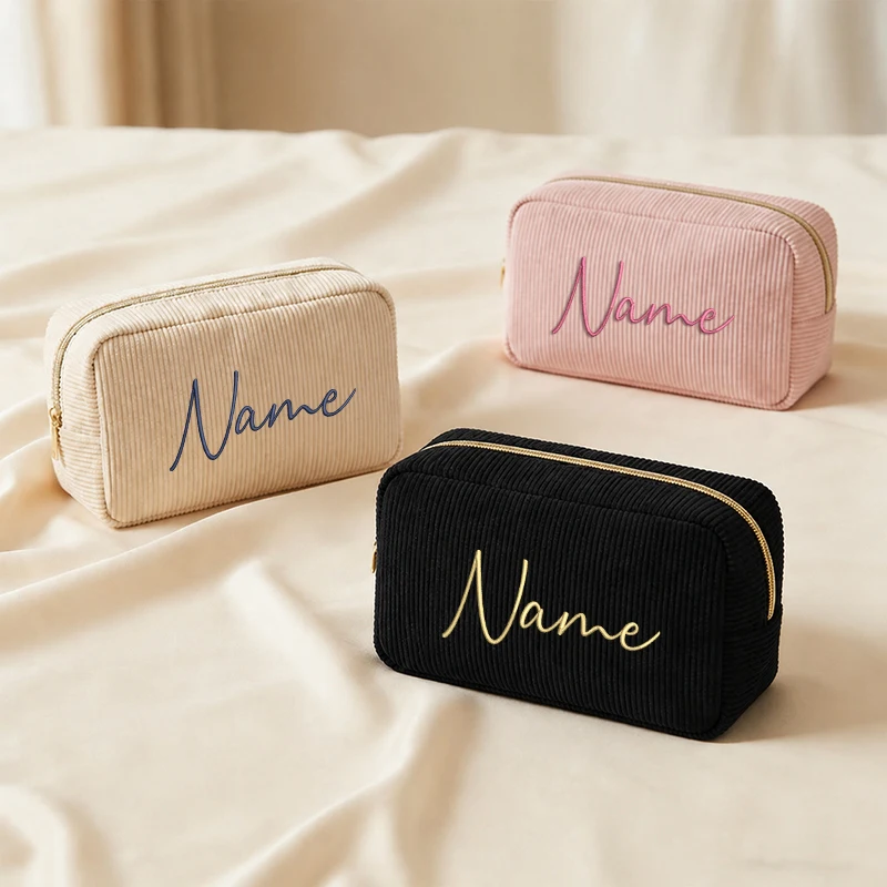 Custom Name Embroidered Corduroy Makeup Bag Personalised Monogram Cosmetic Pouch Portable Storage Handbag Gifts For Women Girls