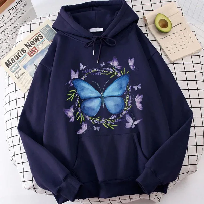 Fashion Butterfly Printed Hoodie Autumn/Winter Casual Hooded Long Sleeve Pullover Sweatshirt