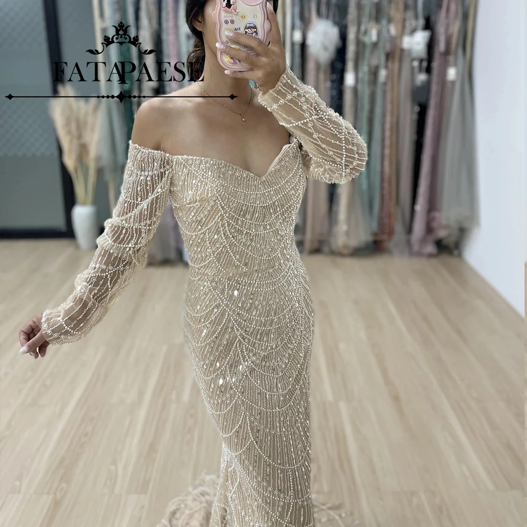 FATAPAESE Customized Sequins Pearls Bodice Beading Wedding Dress Full Sleeve Mermaid Floor-length Gown Bride for Fommal Ball