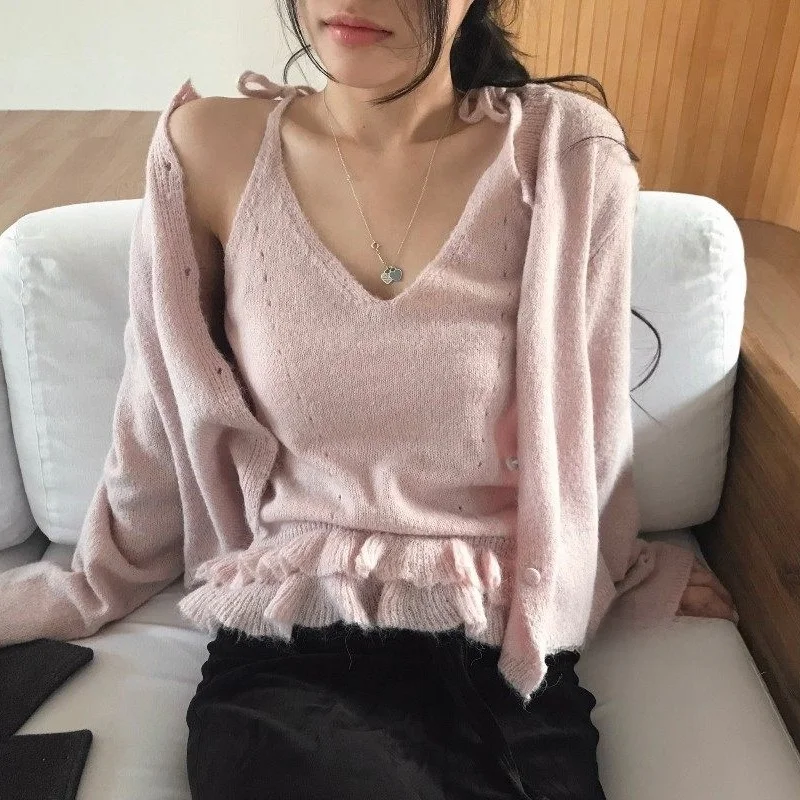 Korean Style Early Spring New Ageless Inner Wear Lace Trim Long Sleeve Knitted Sweater Two Piece Set Women's Fashion Commute ...