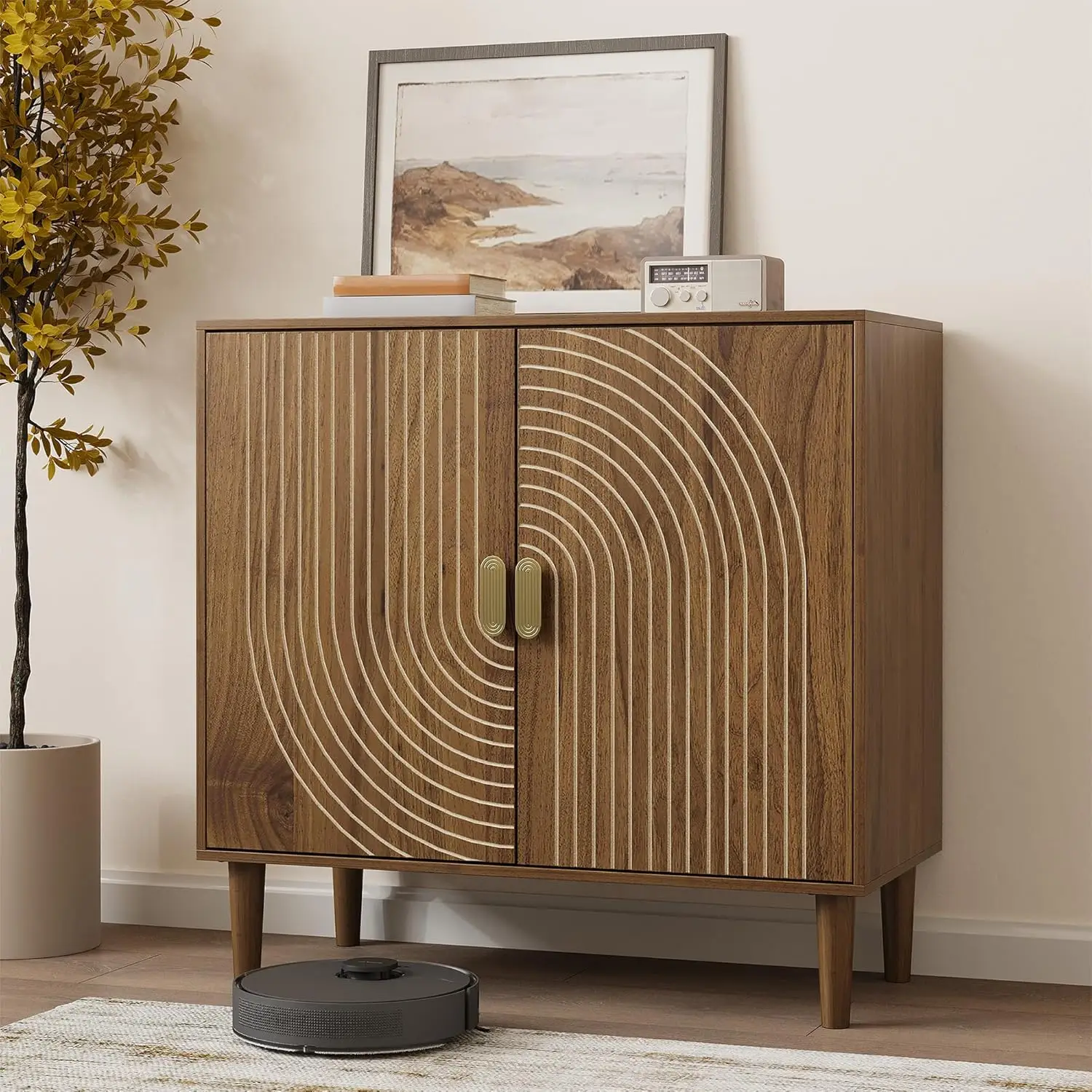 Walnut sideboard independent buffet wooden storage adjustable shelf living room entrance
