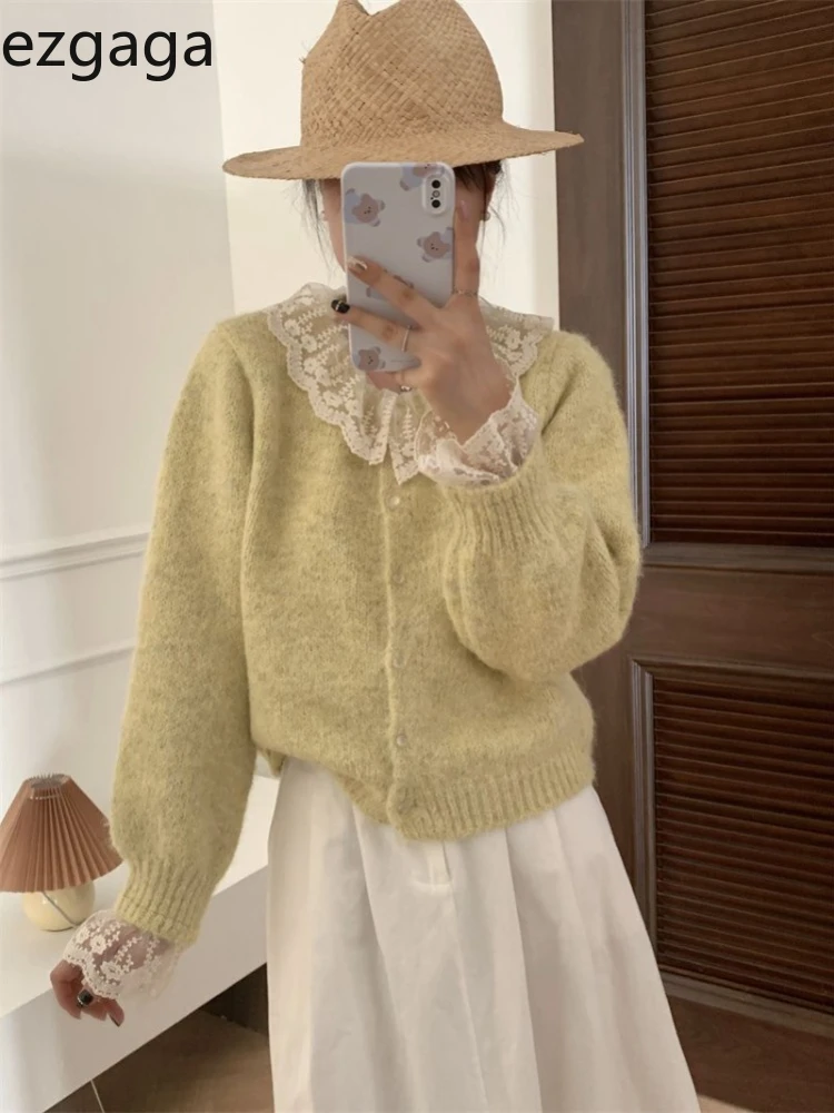 Ezgaga Knitted Cardigan Women Sweet Elegant Lace Patchwork Outwear Stretch Sweater Peter Pan Collar Autumn Winter Female