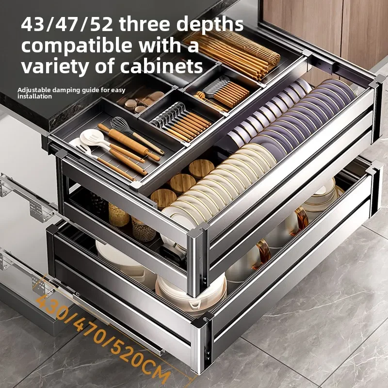 Kitchen Cabinets Dish Baskets Double Drawer Bowl Rack Seasoning Storage