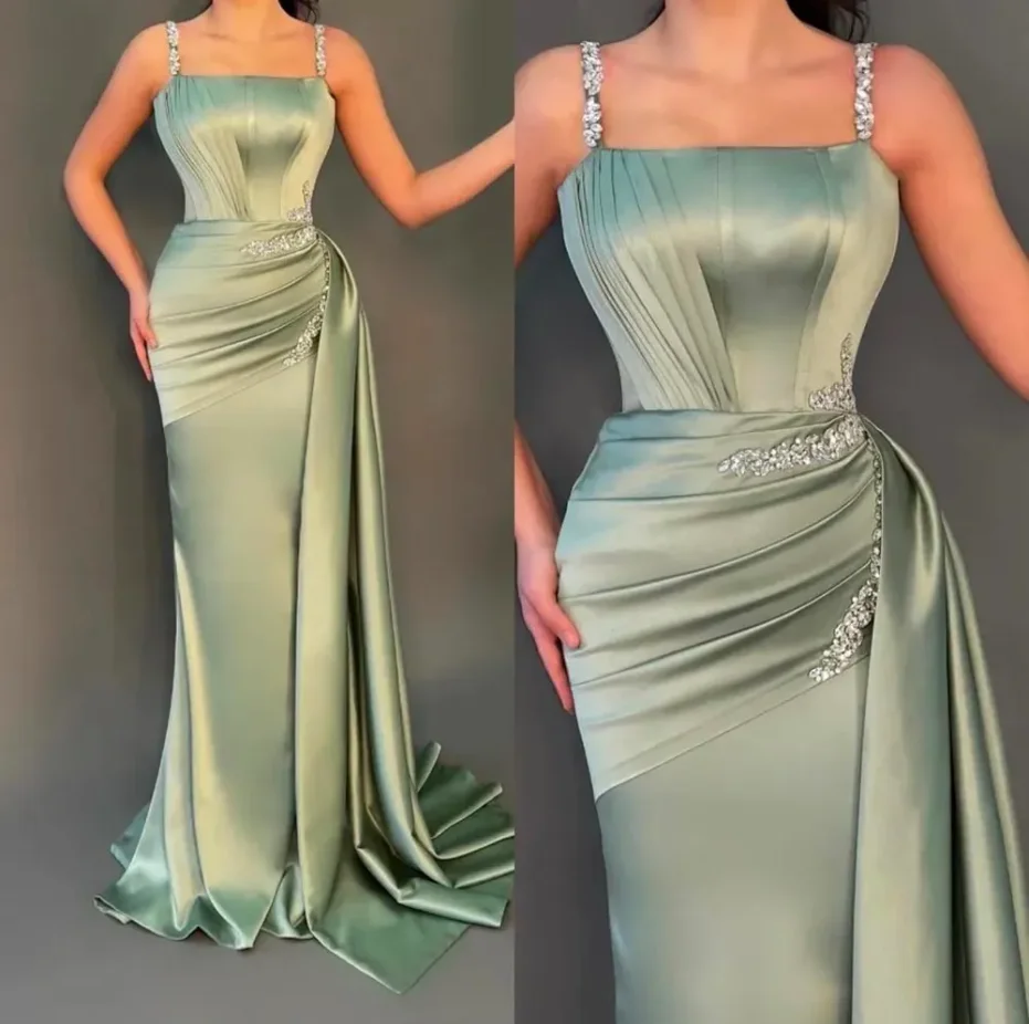 

LZPOVE Sexy Ruched Pleats Evening Dresses Light Green Mermaid 2023 Fashion Beaded Rhinestone Stretchy Satin Prom Gowns Elegant