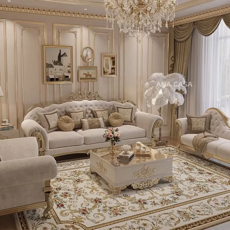 French light luxury solid wood carving flower fabric three-person sofa, neoclassical luxury court living room sofa